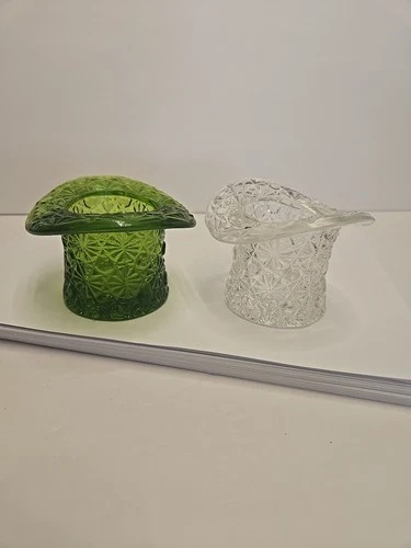 Vintage Fenton Art Glass Daisy & Button Top Hat Light Green And Clear PAIR Of 2