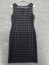 Ann Taylor Factory Dress Womens 4 Black Sheath Midi V-Neck Check Workwear
