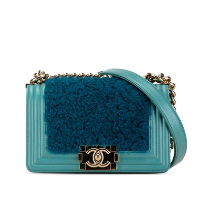 Chanel Small Bicolor Shearling Boy Flap Pre-Loved Crossbody Bag Turquoise