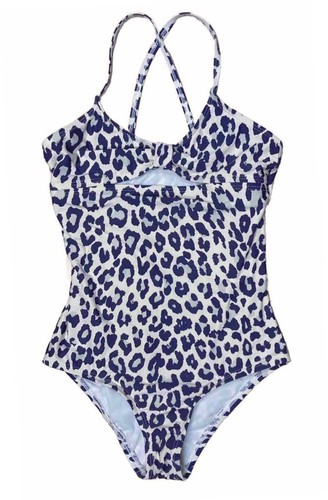 Splendid Girls sz 12 One Piece Swimsuit Navy Blue Leopard Beige Cream 52537 - Picture 3 of 14