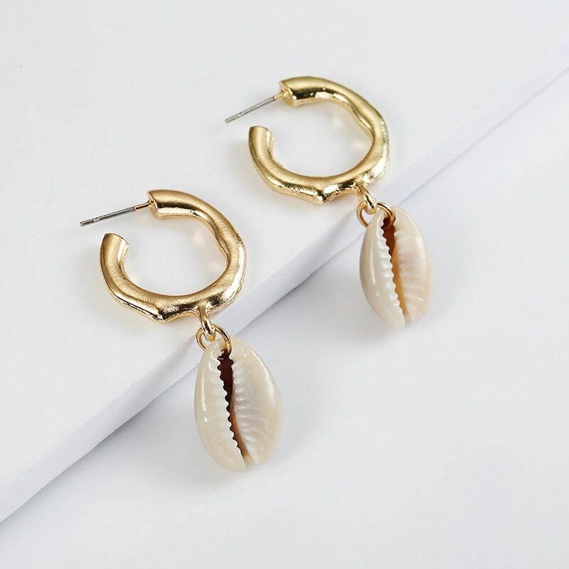 Sea Shell Women Earrings Gold Silver Color Metal Cowrie Statement Summer Beach - Image 2 of 4