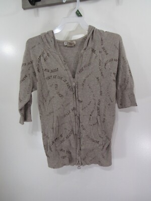 Arizona Jean Co Top Size S Brown Open Front Zipper Words Hood Short Sleeve