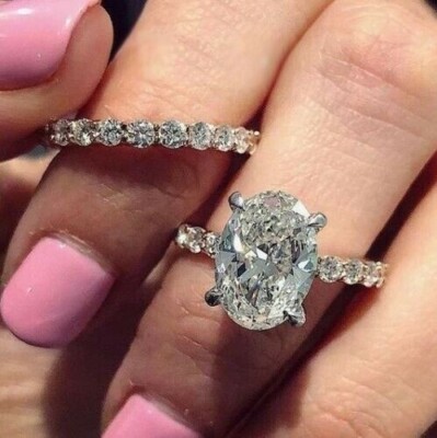 5Ct Oval Good Cut Moissanite Solitaire Engagement Ring Set 14K White Gold Plated