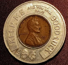 Vintage WICHITA KANSAS Encased GOOD LUCK PENNY 1951-D Lincoln Wheat Ear 1C Coin