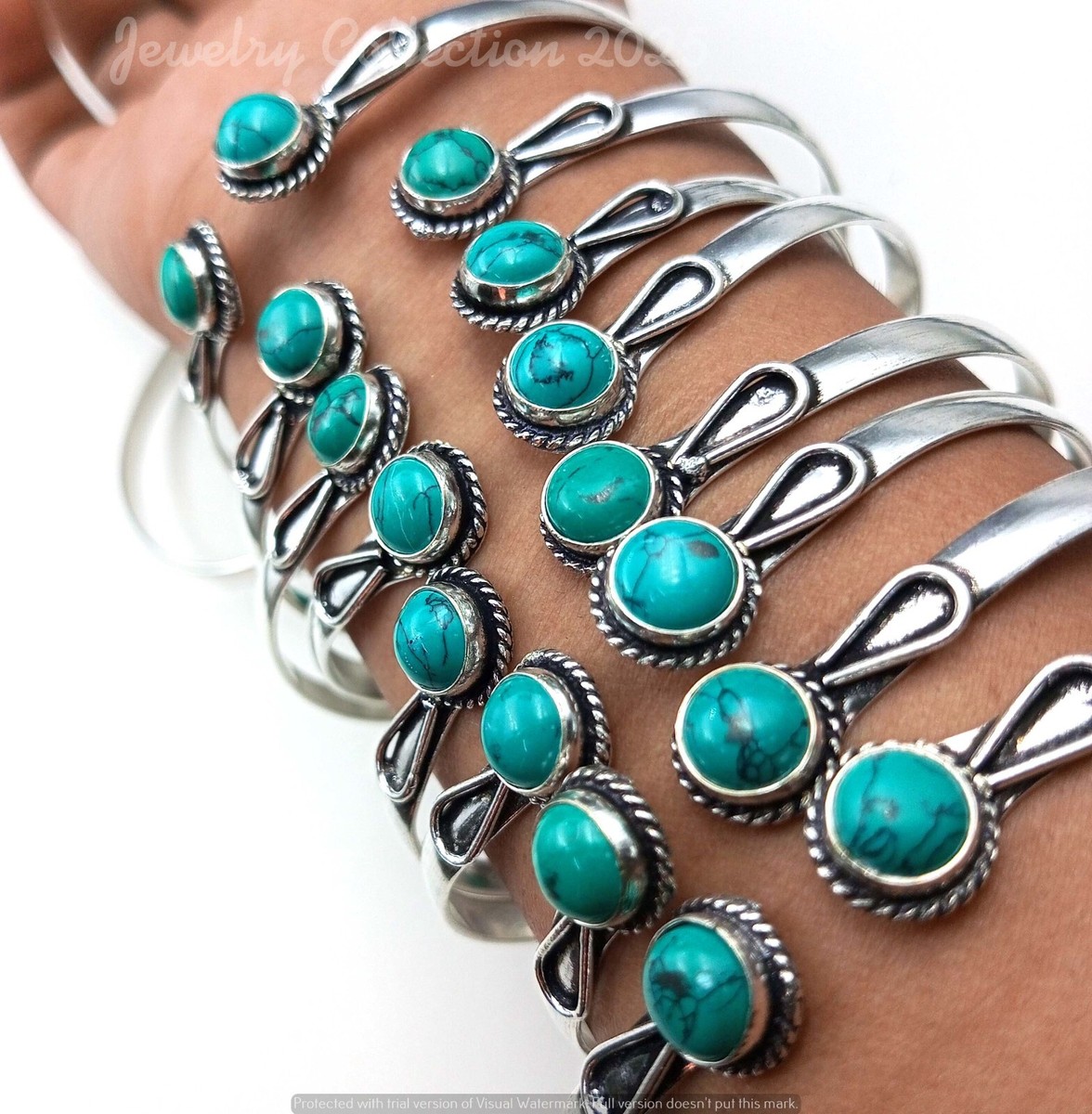 アクセサリー silver 925 turquoise bangle Turquoise Gemstone 5PCS 2 Stone Bangles 925 Silver Plated