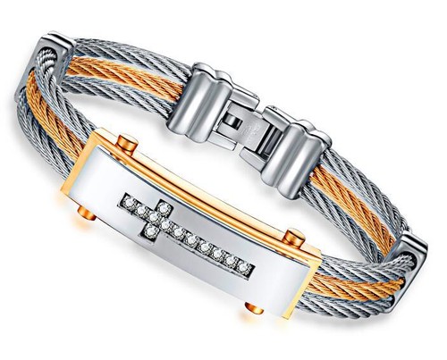 Mens Stainless Steel Twisted Cable Crystals Cross Bangle Bracelet Silver Gold - Picture 2 of 6