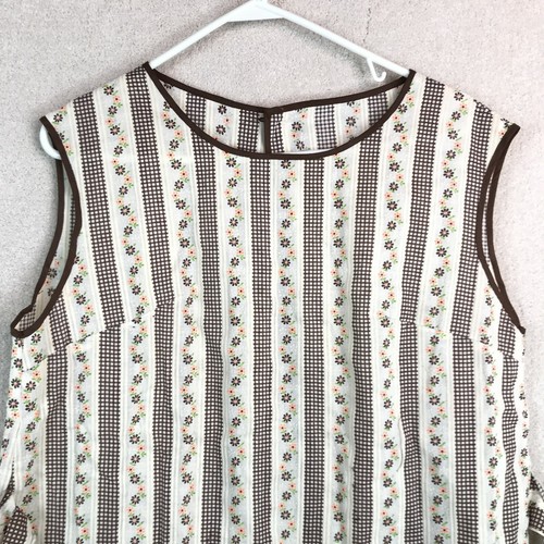 Vintage Apron Handmade One Size Cream Brown Striped Floral Tie Waist 70s - Picture 3 of 11