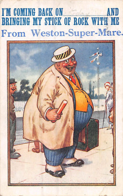 POSTKARTE COMIC WESTON SUPER STUTE FAT MAN STICK OF ROCK