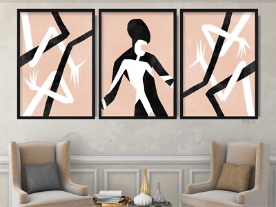 Boho 3er Set einfache abstrakte Kunst, schwarz beige und weiß Bilder