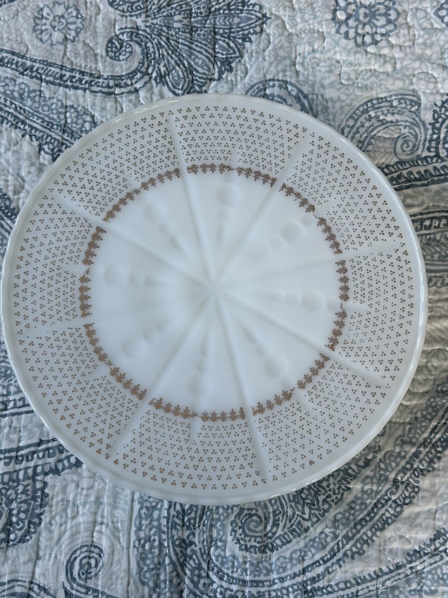 Vintage Anchor Hocking Fire King Ivory Milk Glass Gold Etched Cake