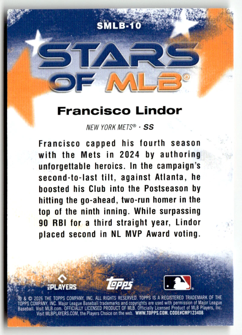 Topps MLB Series One No. 2026 SMLB-10 Francisco Lindor Estrellas de MLB