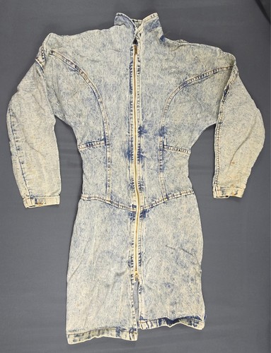 Vtg 80s Paris Blues Mini Dress Women's Acid Wash Denim Full Zip Made in USA - 7