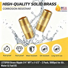 LSTOPGO Brass Nipple 1/4" NPT x 1-1/2" –2 Pack, 1000psi for Air, Water & Fuel US