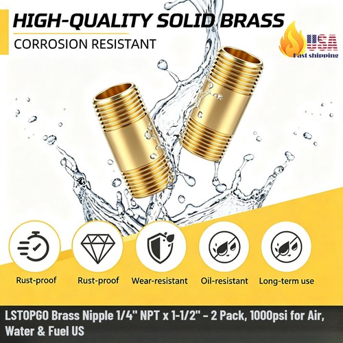 LSTOPGO 2Pcs 1/4" NPT Brass Pipe Nipple 1-1/2" Male x Male 1000psi Fitting US