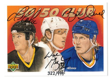 1991 UPPER DECK 50/50 CLUB MARIO LEMIEUX/WAYNE GRETZKY/HULL TRIPLE AUTO SP #/999