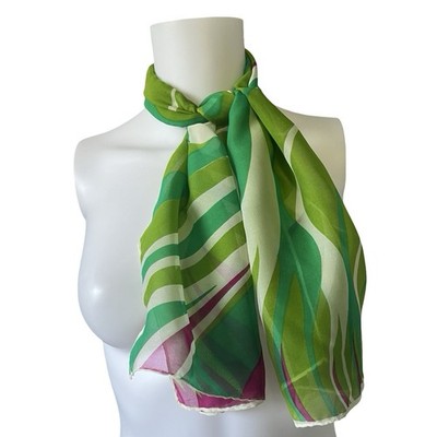 Vintage Silk Feel Scarf Bright Green Purple Mod Gogo Colorful Sheer 