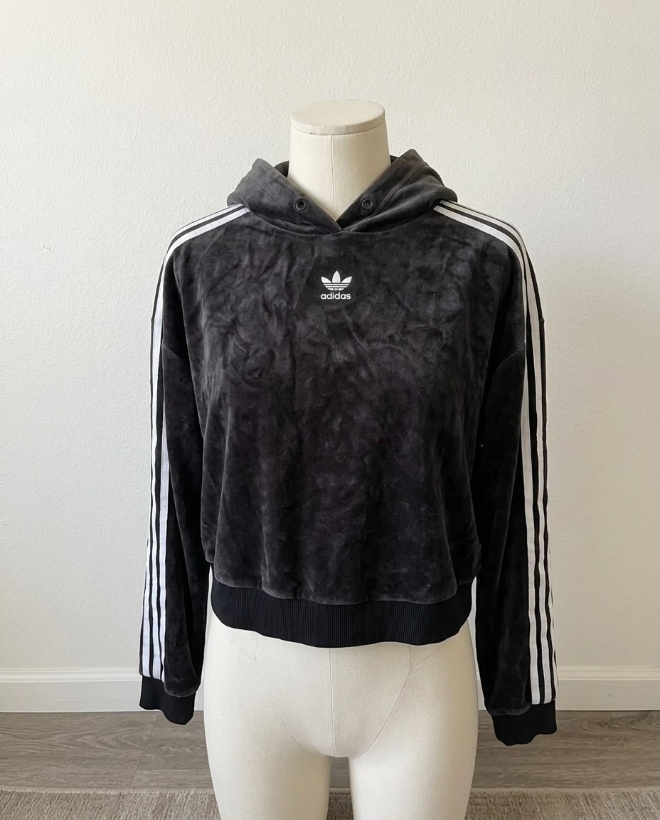ADIDAS MATERIALE VELLUTO FELPA CAPPUCCIO (HOODIE) DONNA TG.S GRIGIO SCURO ORIGIN