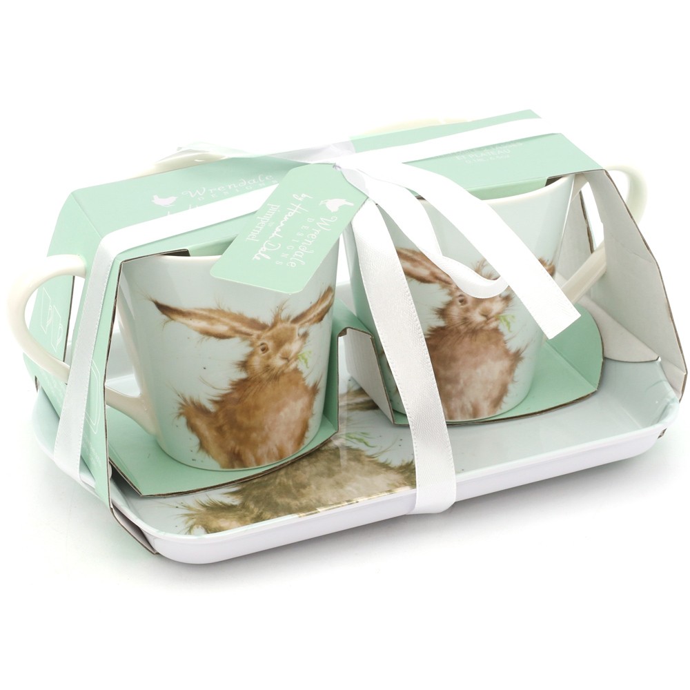 Wrendale Hare Porcelain Mugs & Melamine Tray Set from Pimpernel Dishwasher Safe