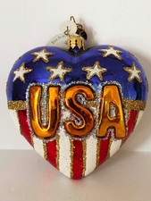 Christopher Radko Ornament American Flag Heart Silver Gold
