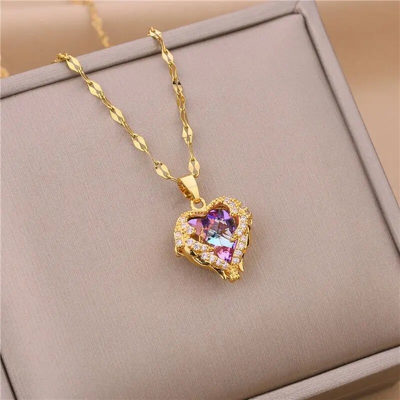 1pc Colorful Crystal Ocean Heart Necklace Women Stainless Steel Chain - NEW