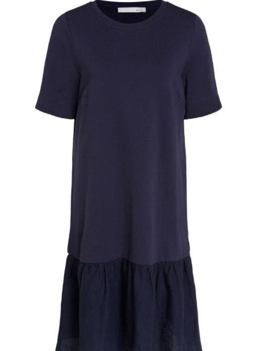 OUI Linen Flounce Dress T-Shirt Cotton Linen Size 14 Uk BNWT RRP £119 Navy