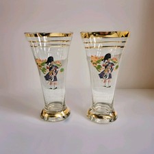 Pair of Vintage Pilsner lager beer Glasses Scottish Highlander  Design Gold Trim