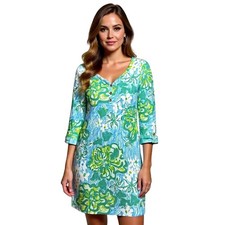 Lilly Pulitzer 3/4 Sleeve V Neck Button Front Floral Print Shift Dress Size S