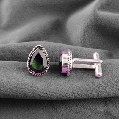 Manschettenknöpfe aus 925 Sterling Silber grüner Turmalin, Silber