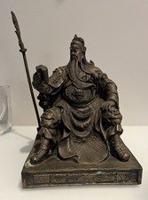 9" Old Guan Gong Yu Warrior God Book Hand On Knee Rare Statue W/ Spear