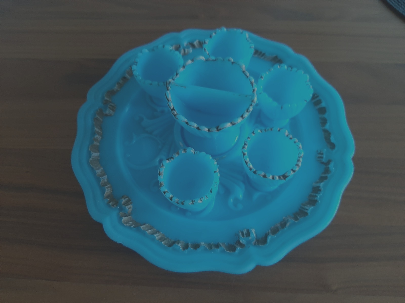 Antikes 7 teiliges blaues Opal Eierbecher Set mit Saliere, Vintage um 1900