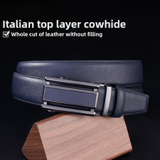 Men's Genuine Leather Automatic Buckle Belt Blue Business Width 3.5cm Heavy Duty