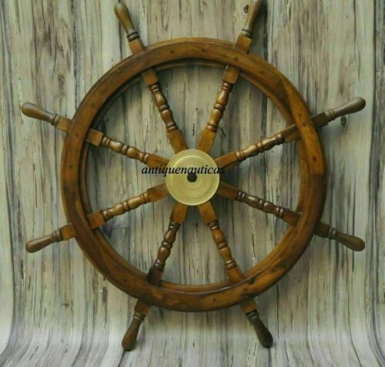 36 Inch Big Ship Steering Wheel Wooden Antique Teak Brass Nautical Pirate Ship's - Image 4 of 4
