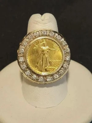 Men's Liberty Coin Ring 14K Yellow Gold Plated Created Diamond Round Cut 2ct - image 1 of 4