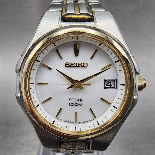 Seiko Solar Watch Women 28mm White Dial Two Tone Daydate Round V187-0AC0 Runs - Picture 2 of 11