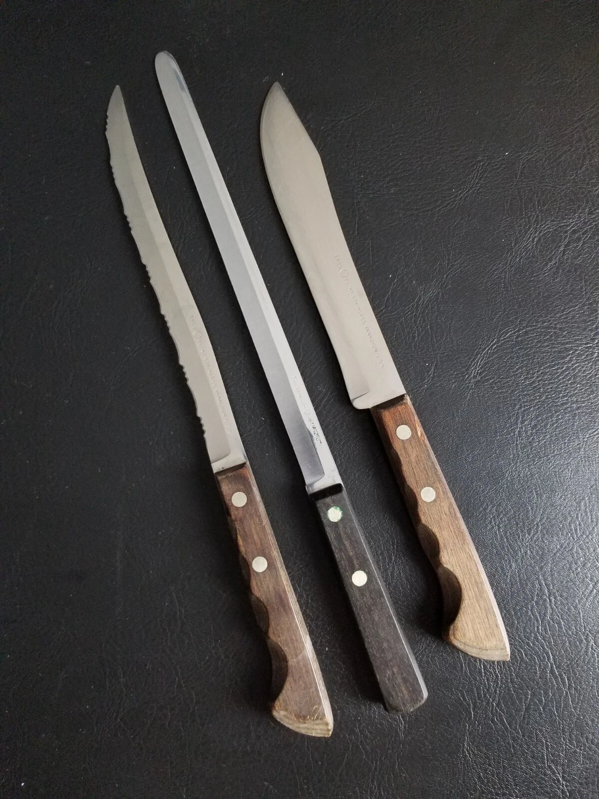 EKCO Set of 3 Flint Arrowhead USA Stainless Vanadium Knives Chef Bread Walnut