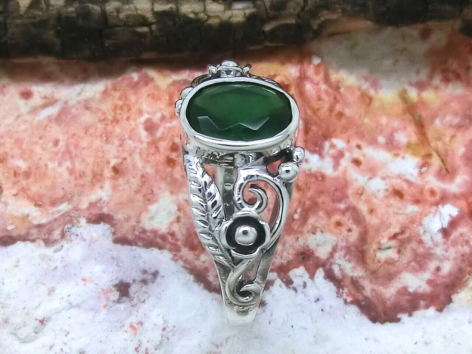 Fiore Anello 925 Argento Sterling Zirconi Verde Donna Romance di Pietra Preziosa - Immagine 3 di 4