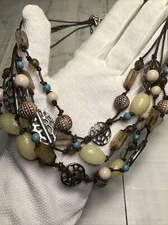 PD PREMIER DESIGNS MULTI STRAND CORD BOHO 17”-21” NECKLACE TAN BLUE YELLOW BEADS