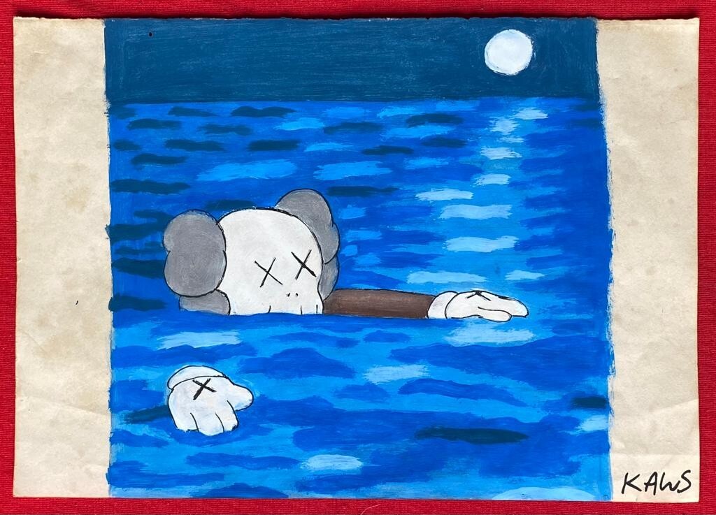 KAWS (Handmade) Drawing On old Paper Signed Mixed Media, Vtg KAWS (Handmade) Drawing On old Paper Signed Mixed Media, Vtg