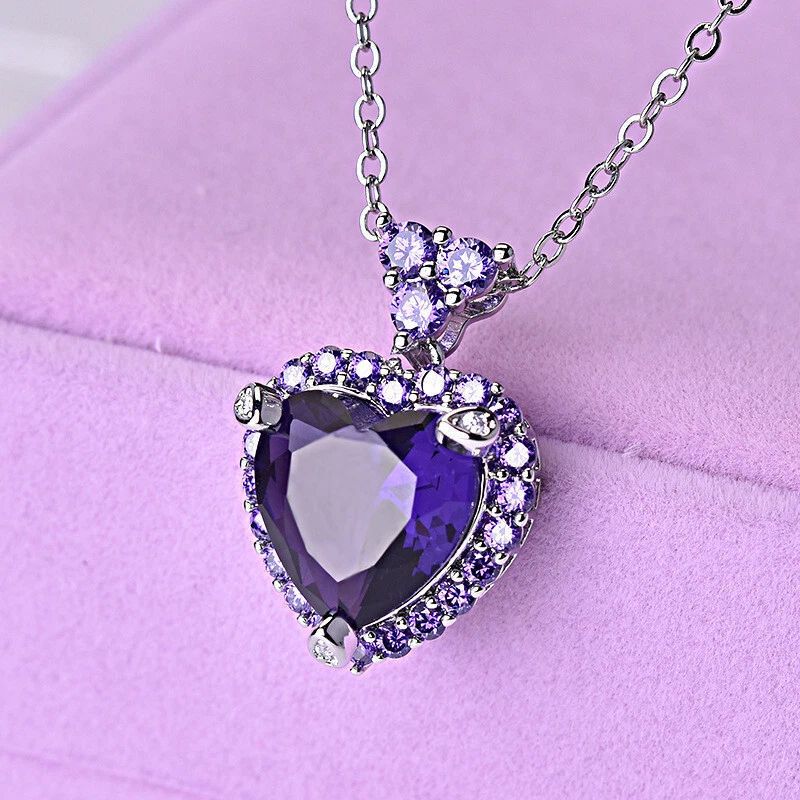 Love Heart Full of Stone Purple Amethyst Gemstone Silver Women Necklace Pendants - Image 3 of 4