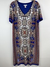 London Times Dress 14 Paisley Coral Blue Casual Shift Mixed Print Pullover