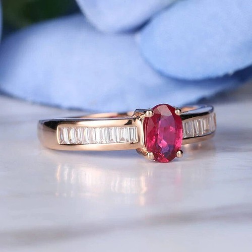 Stunning 3 Ct Oval Cut Simulated Pink Ruby Wedding Ring In 14k Rose Gold Plated - Picture 2 of 5