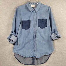 Olive & Oak Womens Blouse Two Tone Blue Chambray Roll Tab Sleeve Small