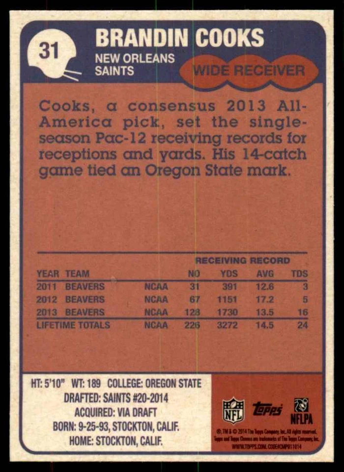 2014 Topps Chrome Brandin Cooks Football Cards #31 - Image 2 of 2