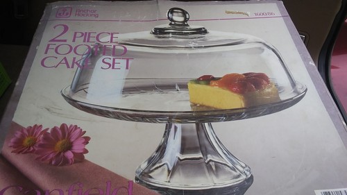 vintage anchor hocking canfield 2 piece footed cake set cake dome with box New - 第 3/7 張圖片