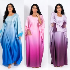 Muslim Women Satin Batwing Waisting Dubai Abaya Long Dress Kaftan Robe Islamic