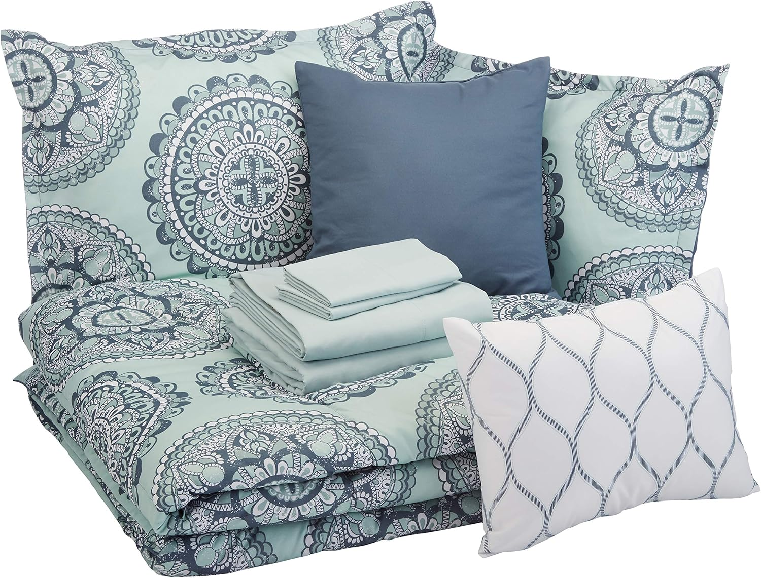 Queen Comforter Set, Soft Microfiber, Machine Washable, Sea Foam Medallion, 10-P
