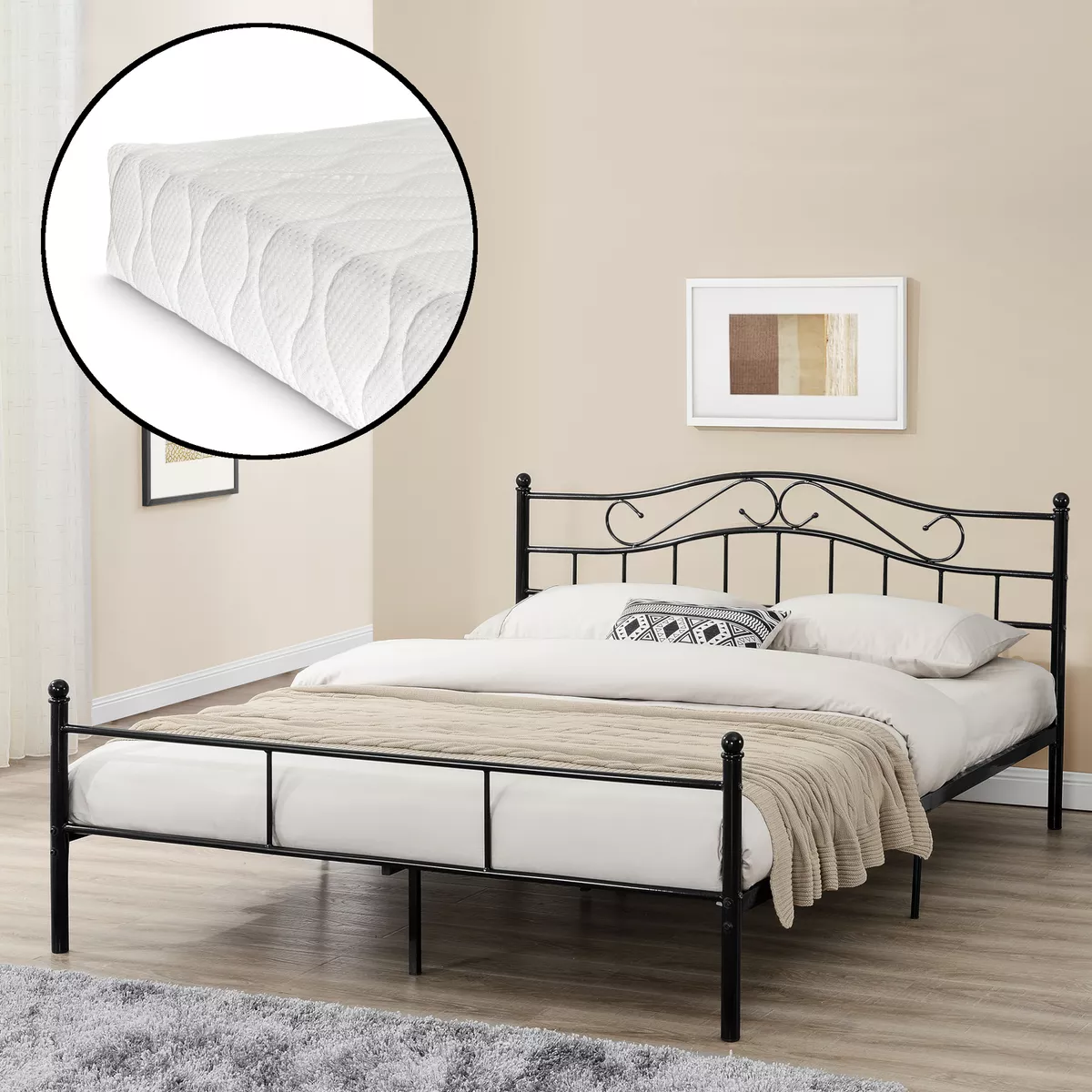 en sa Metallbett mit Matratze 160x200cm Schwarz Bett