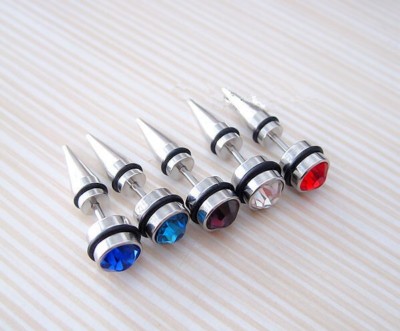 2PCS Black Silver Men's Spike Punk Stainless Steel Rhinestone Ear Studs  Earrings