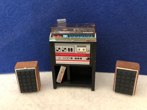 Vintage Lundby dollhouse stereo record player with rack and speakers 1: ...