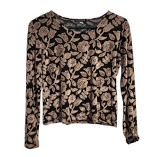 CITRON VINTAGE Y2K sheer mesh long sleeve top floral brocade black / tan L